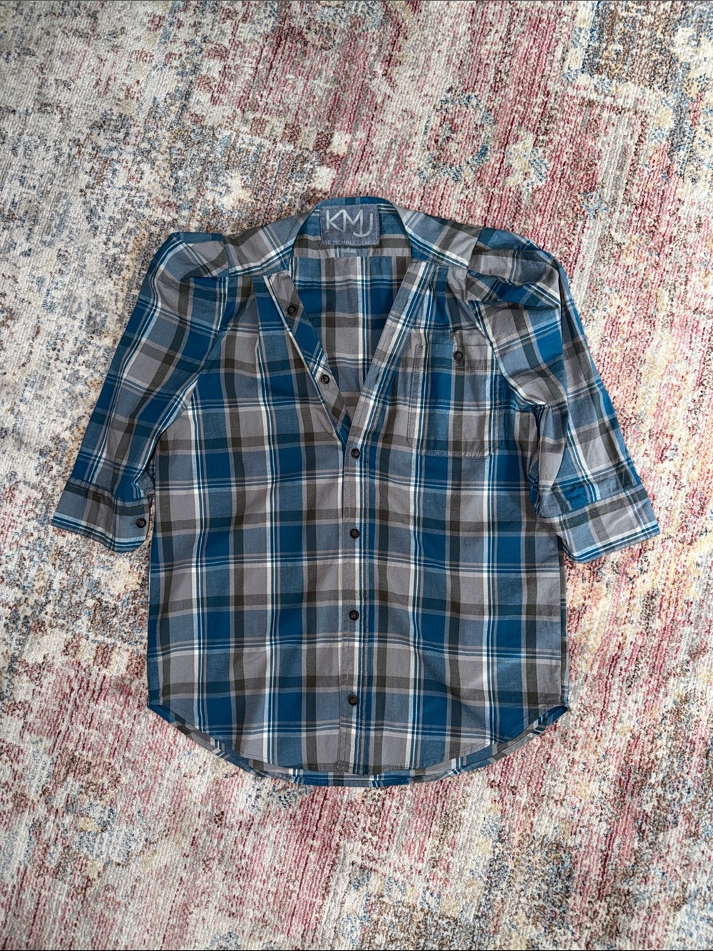 KMJ Women’s Blue & Gray Plaid Bon Voyage Button-Up Shirt, medium